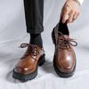 British Style Leather Shoes Korean Version Round Head Thick Sole Heightening Big Head Shoes Genuine Leather Fashion Tooling Shoes Men'S 66103-R