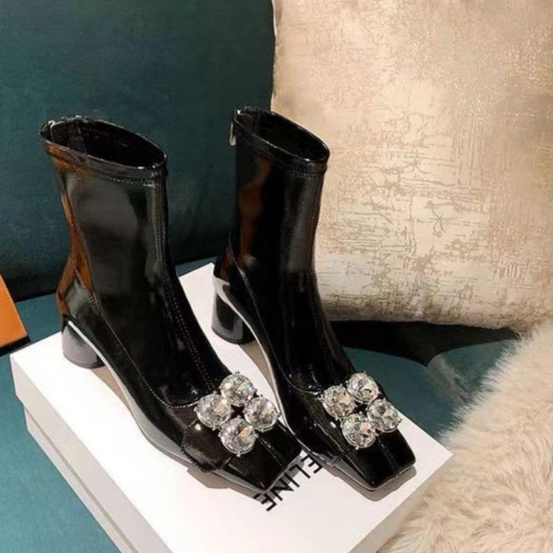 Модные женские модные толстые одинарные ботинки осень новые квадратные головки стразы после молнии темперамент короткие ботинки