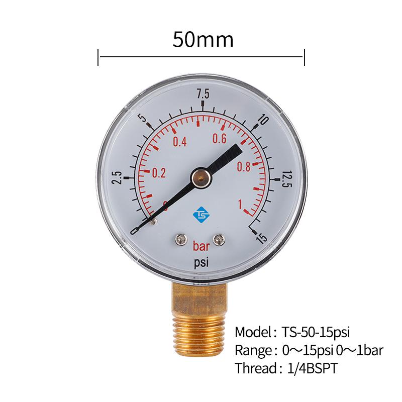 TS-50-15psi 0-15psi/0-1bar Dual Scale Water Pressure Dial 50mm Manometer Hydraulic Pressure Gauge for Fuel Oil/Air/Oil/Water
