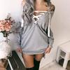 Women Sexy Lace Up Bandage Deep Off Shoulder Hoodies Long Loose Sleeve Pullover
