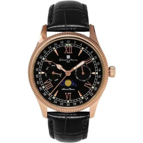 Salvatore Marra Men's Limited Edition Moon Phase Multi-Calendar Watch with 5 ATM Water Resistance, Leather Strap, Pink Gold and Black, SM24110-PGBK