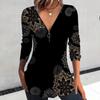 Elegant and Casual Spring and Autumn V-neck Zipper Floral Printed Long-sleeved Women's T-shirts