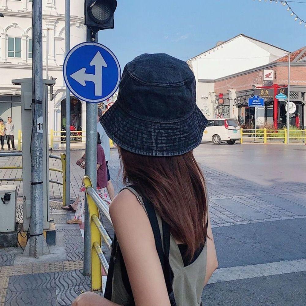 Teenager Sunshade Bucket Hat Solid Color Fisherman Hat Washed Denim Bucket Cap Men Women
