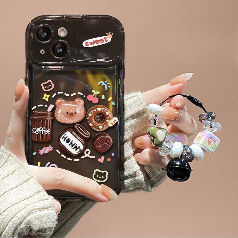 Подходит для Apple 14promax Чехол для мобильного телефона iPhone 13 Coffee Bear Трехмерная кукла-подвеска Flip Mirror 12 Soft