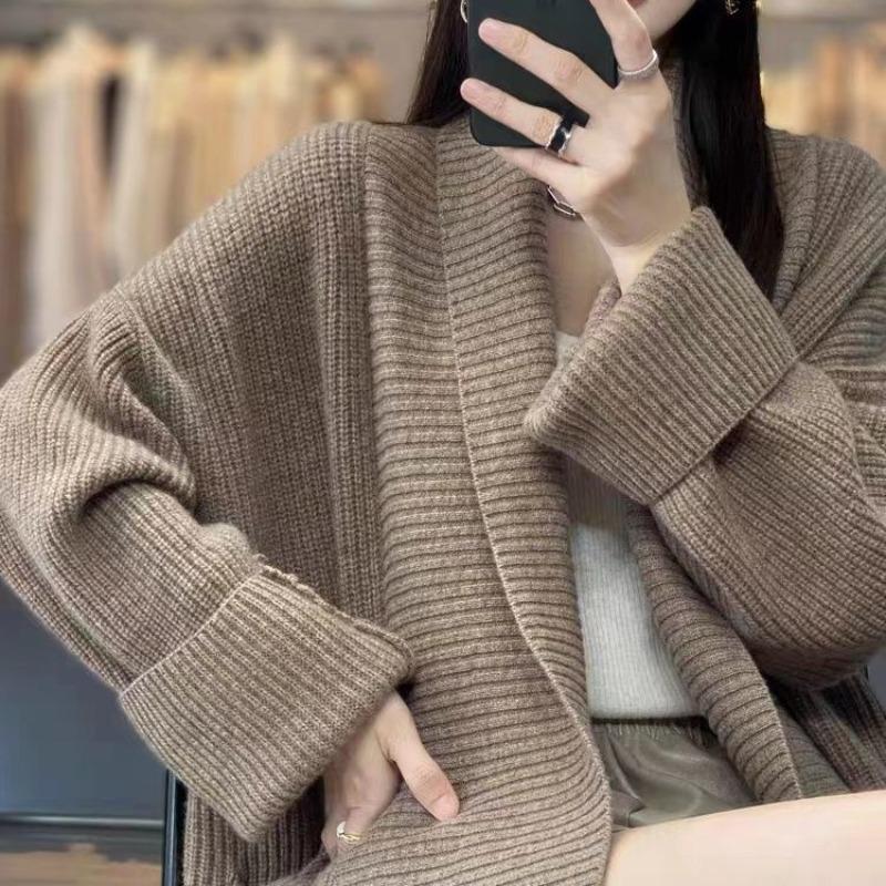 Осень и зима новый лацкан средней длины свободный кардиган женский однотонный нежный и ленивый вязаный свитер-жакет