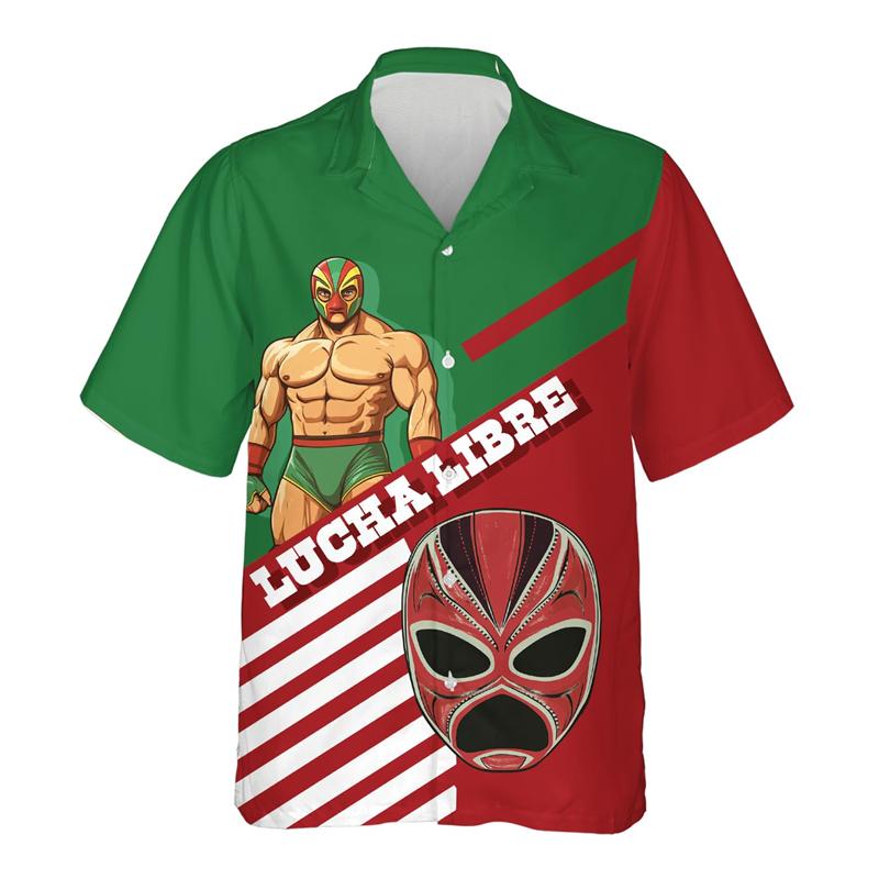 Мексиканская борцовская маска Мужская рубашка 3D-печать Lucha Libre С коротким рукавом Воротник Блузка Топы Летняя Уличная Гавайские рубашки