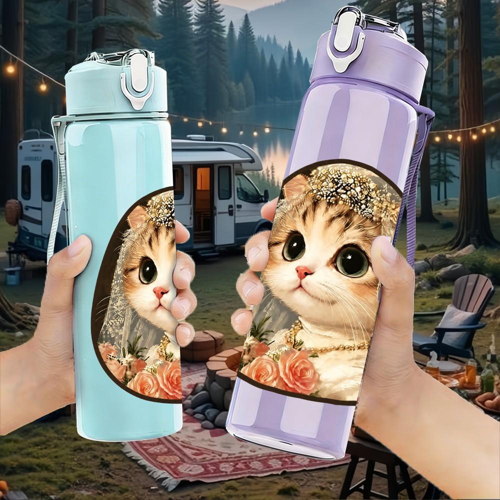 1PC Vintage Kitten Portrait Print 750ml Color Plastic Sports Water Bottle Leakproof Flip Straw Lid Suitable for Sports Office Home Use