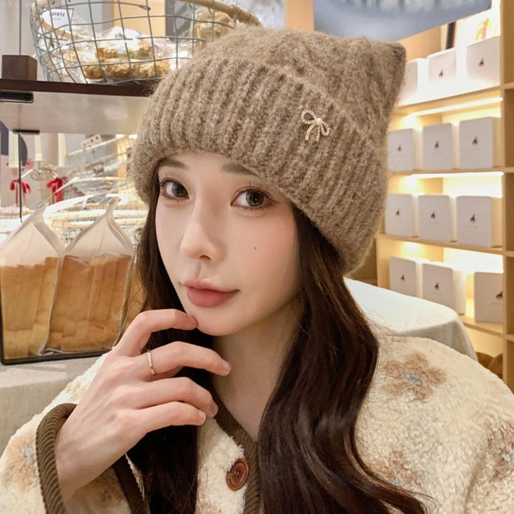 Warm Woolen Knitted Hat Japanese  Style Women Beanie Hat Retro Cat Ears Pullover Hat  Autumn Winter