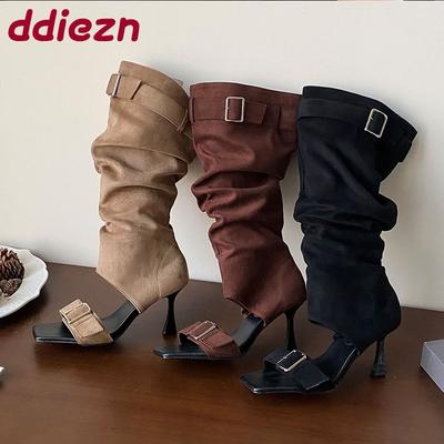 Мода Новинка Женские Туфли-Лодочки Сандалии Сапоги до колена Мода Квадратный носок Женская Обувь с открытым носком Флоковая Женская Обувь на тонком каблуке