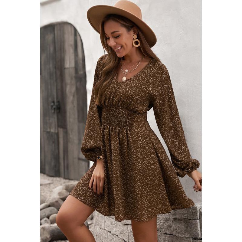 Women's Polka Dot Dress Sheath V Neck Long Sleeve Pleated Waist Slimming Dresses