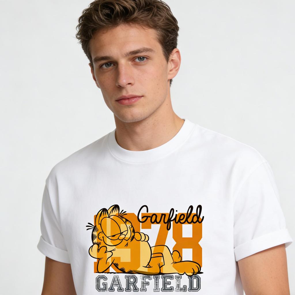 Garfield Lazy Lying Trendy T-Shirt! American Retro 1978 Letter Print Loose-Fitting Short Sleeve, Unisex, Oversize Couple Tee