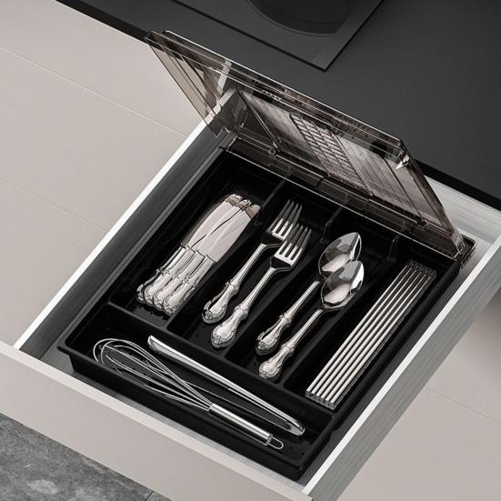 Cutlery Storage Tray with Transparent Lid Classification Compartments Organization Large Capacity Multi Box Tableware Fork Chopsticks Spoon Tableware