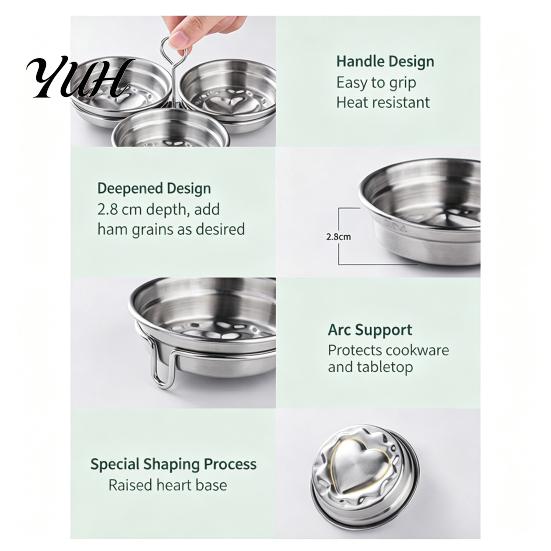 Kitchen Utensil for Eggs 3-Cavity Stainless Steel Egg Mold, 3-in-1 Poached Ring with Handles, Cooking Gadget Breakfast Non-Stick Heart & Round