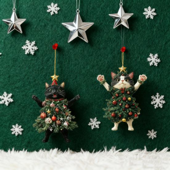 Christmas Cat In Christmas Tree Acrylic Hanging Ornament 2D Flat Car Rearview Mirror Charm Holiday Gifts for Cat Lovers