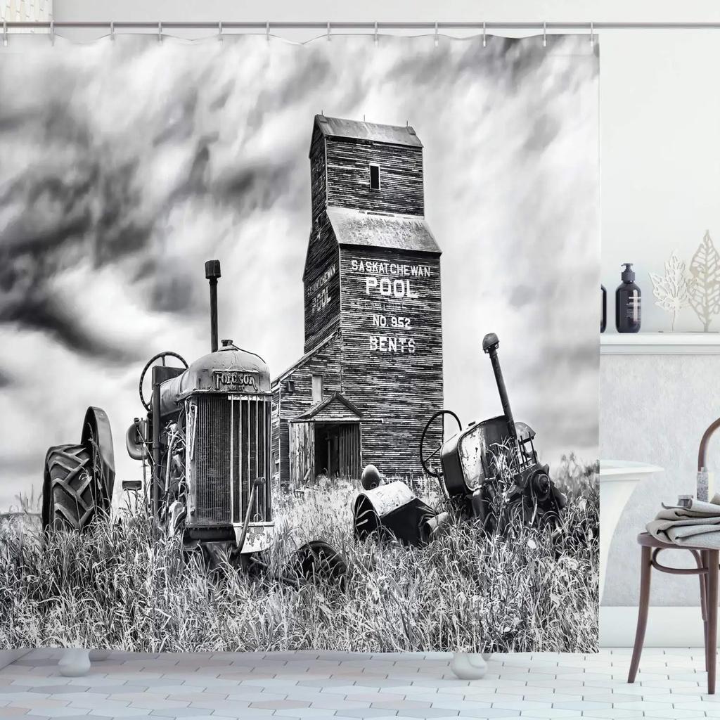 Rustic Shower Curtain Old Wooden Barn with Rusted Tractor Hillside Wooden Fence and Trees Cloth Fabric Bathroom Decor with Hooks