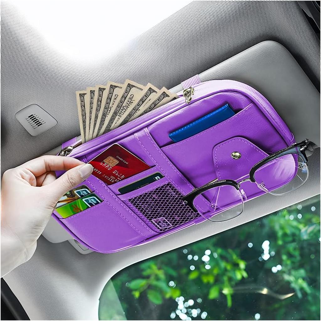 Car Sun Visor Organizer, Sunglass Holder And Storage Pocket, Card Cash Pouch With Multi-Pocket Net Zipper, Case Bag For License Pen Key, Auto