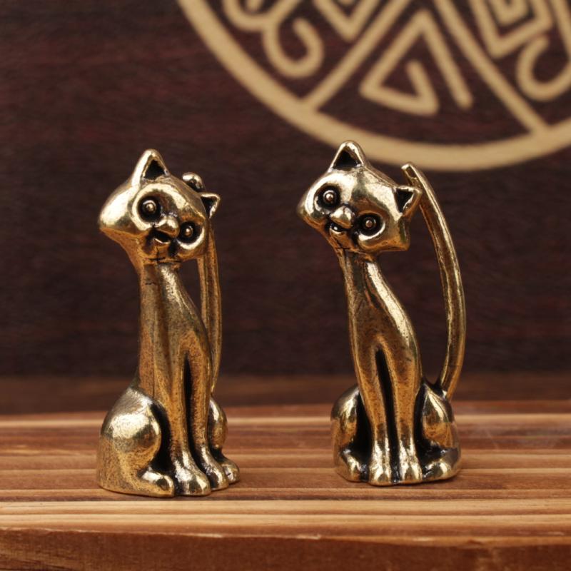 Забавный Кот Латунь Маленькая Фигурка Домашний Офис Настольный Котенок Фигурки Ручной Работы Настольная Медная Скульптура Животного Украшение Поделки