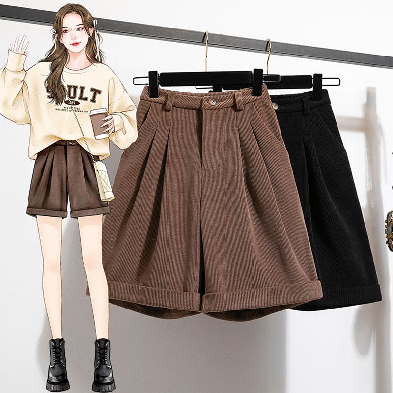 Женские брюки больших размеров, вельветовые брюки в полоску на осень и зиму, коричневые брюки с высокой талией, темпераментные прямые пятиминутные брюки