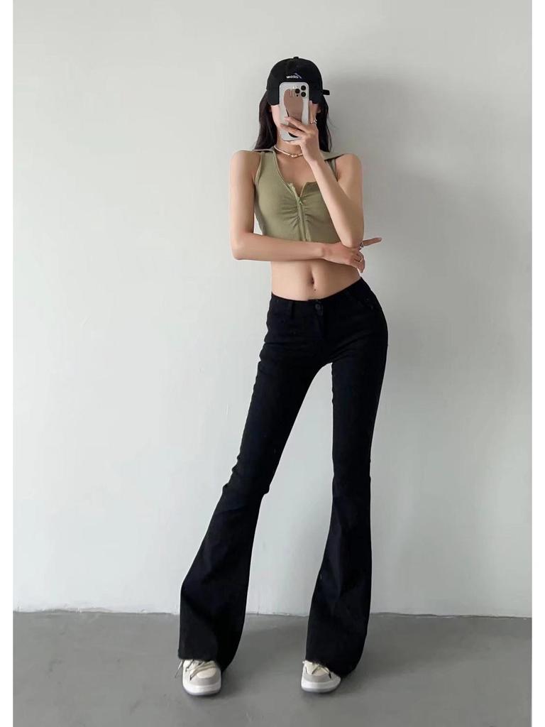 2024 Early Autumn Low-Waisted Slim Fit Flare Jeans for Women with Washed Frayed Hem.