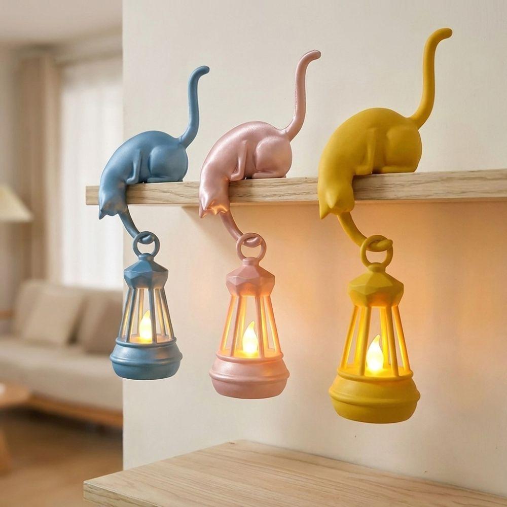 with Lantern Cat Shaped Hook Cute Figurine Cat Hanging Hook Funny Cat Wall Hook Light Unique Gift