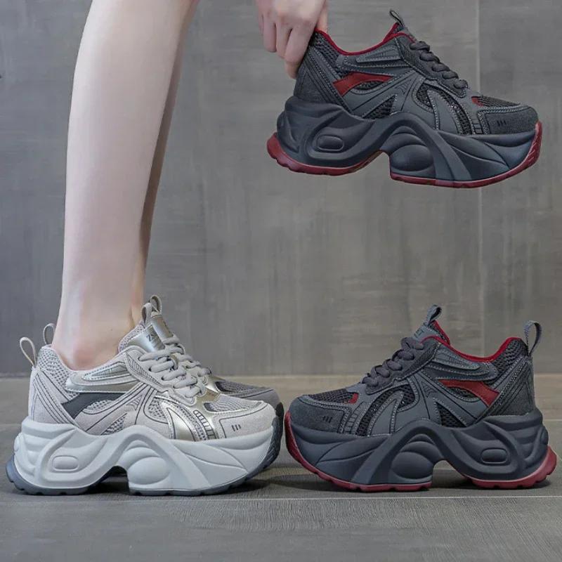 Модные 7 см Воздушная сетка Этнические Удобные Весенние Балетки Резина Роскошные Массивные Кроссовки Лаконичные Женские Осенние Лоферы из Синтетической Кожи