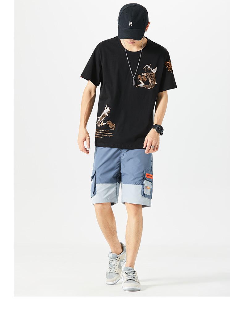 Мужская этническая хлопковая футболка с вышивкой карпов, короткий рукав, свободный крой, большой размер, стиль национальной волны