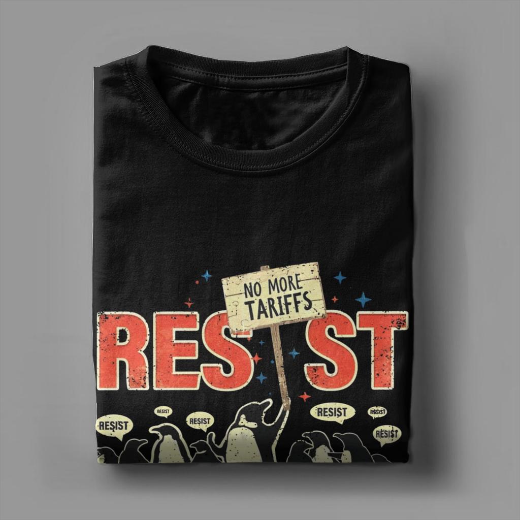 Повседневные футболки Resist Penguin No More Tariffs для мужчин с круглым вырезом из хлопка, забавная футболка с коротким рукавом, оригинальные топы