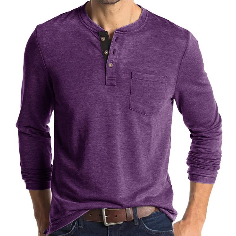 Beauty Vintage Casual Round Neck T-shirt Men's Solid Button Patchwork Pocket Trendy Versatile Cotton Breathable Long Sleeve Top