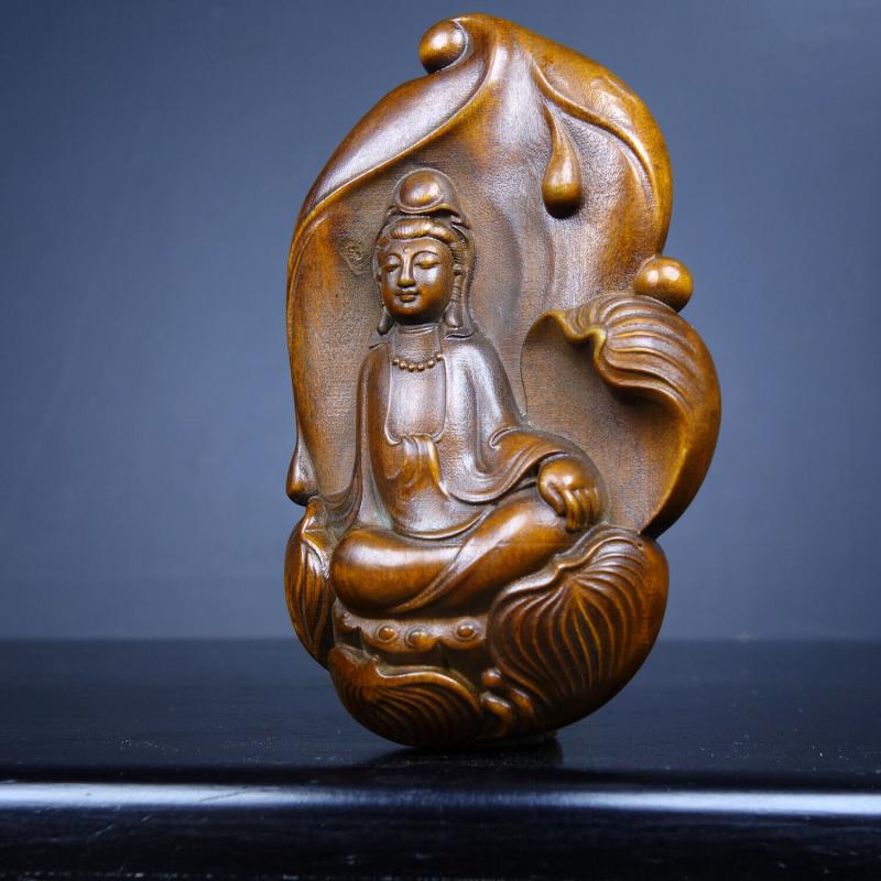 Chinese Boxwood Wood Carving Exquisite Kwan-yin Buddha Statue Ornament Art