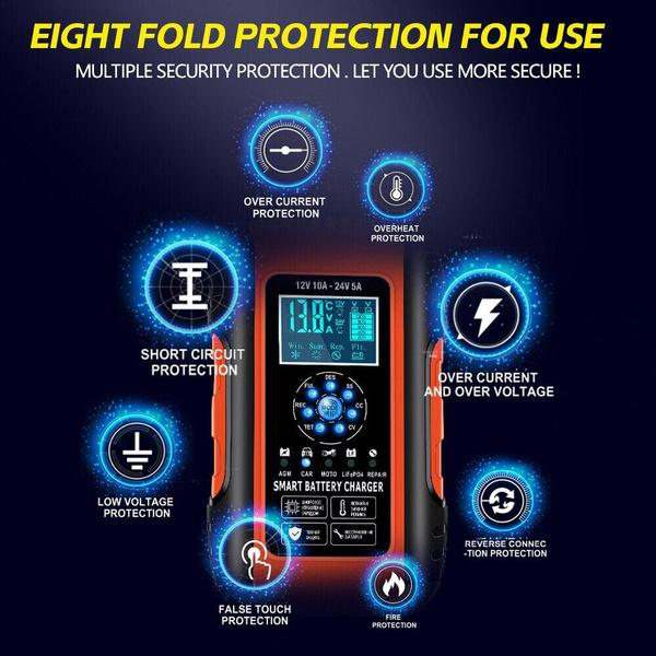 Интеллектуальное устройство для обслуживания аккумуляторов. Зарядное устройство для аккумуляторов на 10 А, 24 В и 12 В. Автомобильное зарядное устройство с ЖК-дисплеем. США. Автомобильное зарядное устройство. Импульсный стартер AGM/GEL.