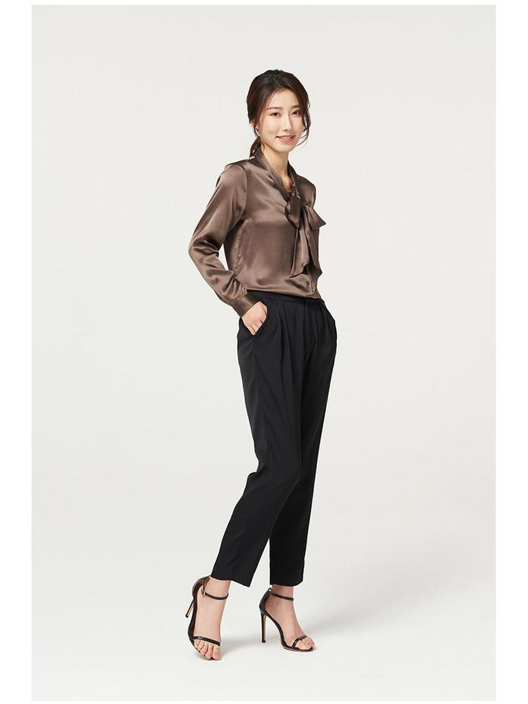 Heavyweight Mulberry Silk V-Neck Bow Blouse - Women's Long Sleeve Shirt for Autumn & Spring