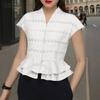 Women Casual V-Neck Short Sleeve Hollow Crochet Patchwork Blouse