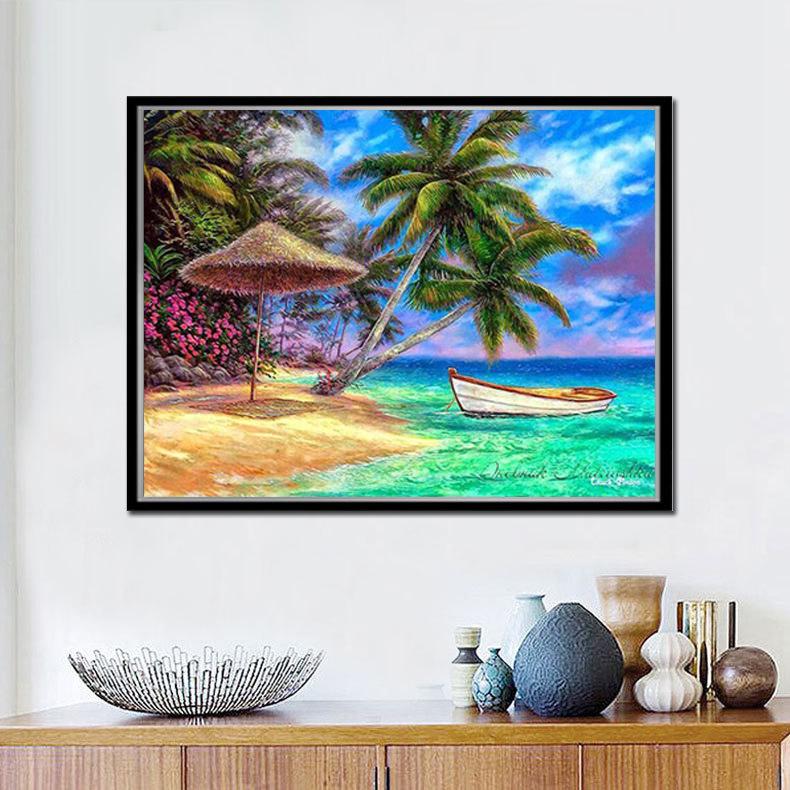 Diamond Embroidery 5D Diy Diamond Painting Landscape Beach Boat Cross Stitch Home Paintings