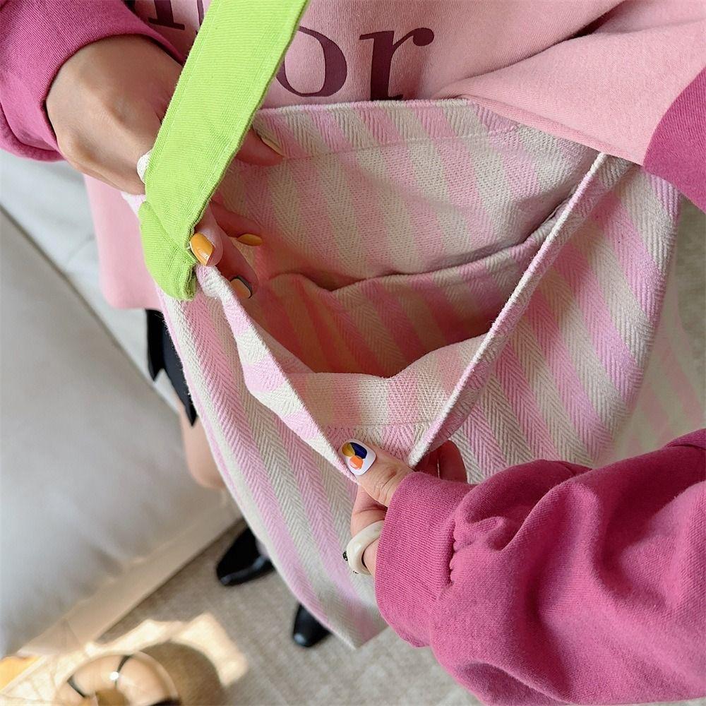 Large Capacity Stripe Canvas Bag Pleated Shoulder Strap Cloth Shoulder Bag Cute Tote Bag  Women