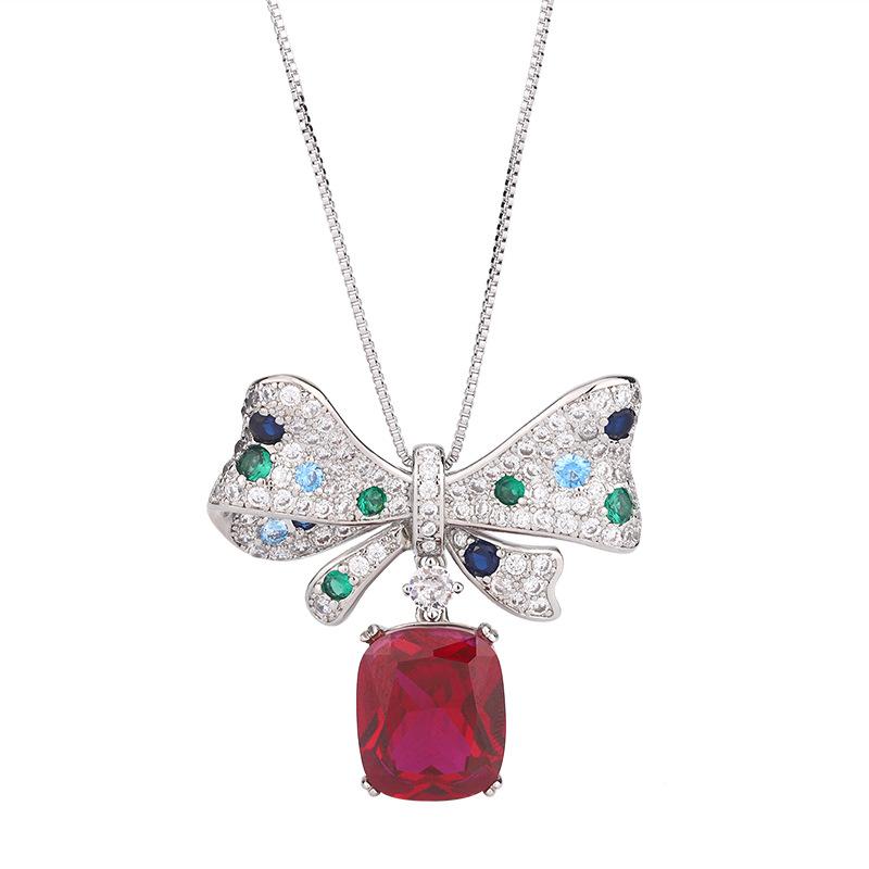 Jewelry Copper Bottom Gold Plating Trend Line Simulation Red Corundum Bow Necklace Main Stone 12 * 14