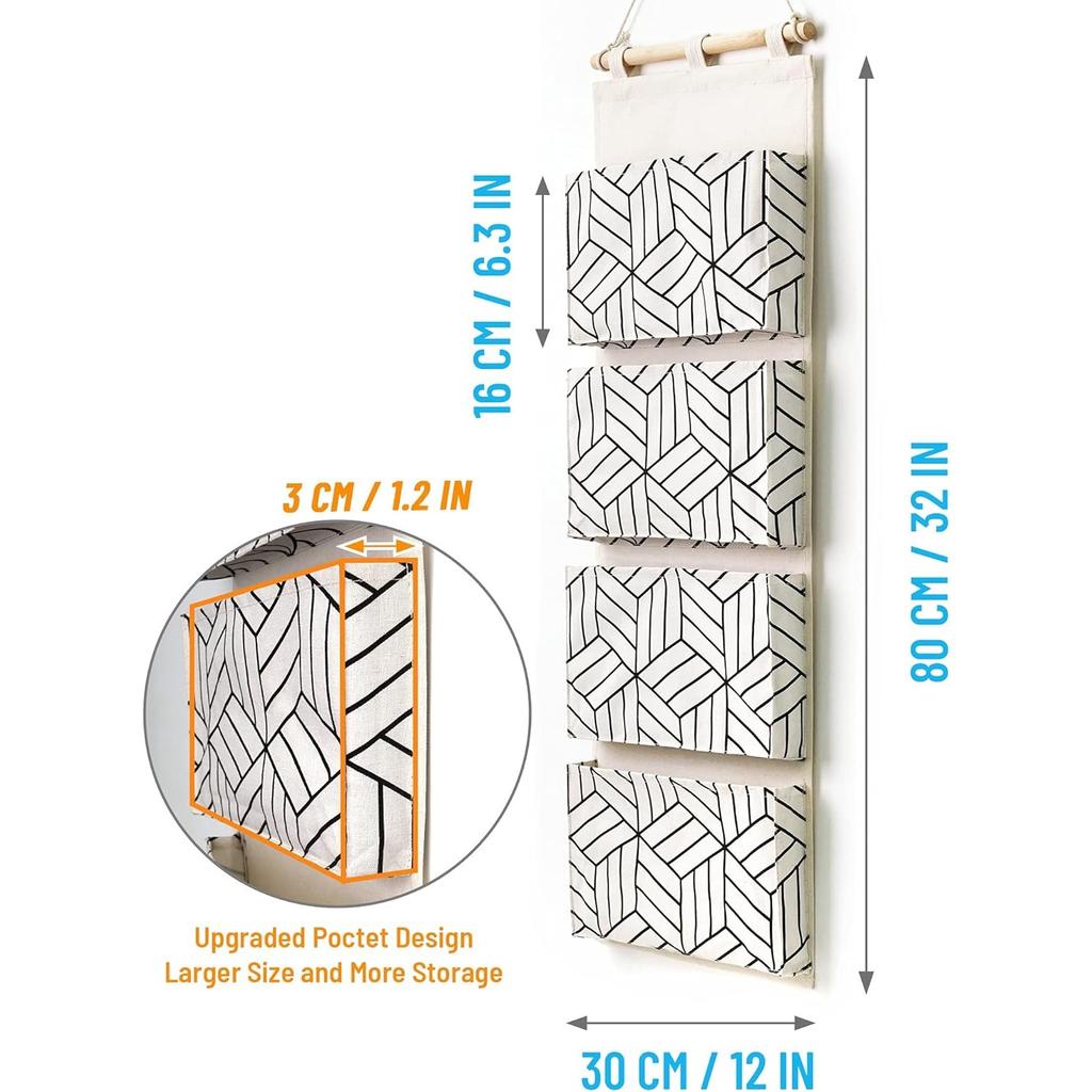 Over Door Hanging Storage Bags Wall Mount Closet Organizer, 4 Big Pockets Linen Cotton Fabric Living Room Bedroom Bathroom