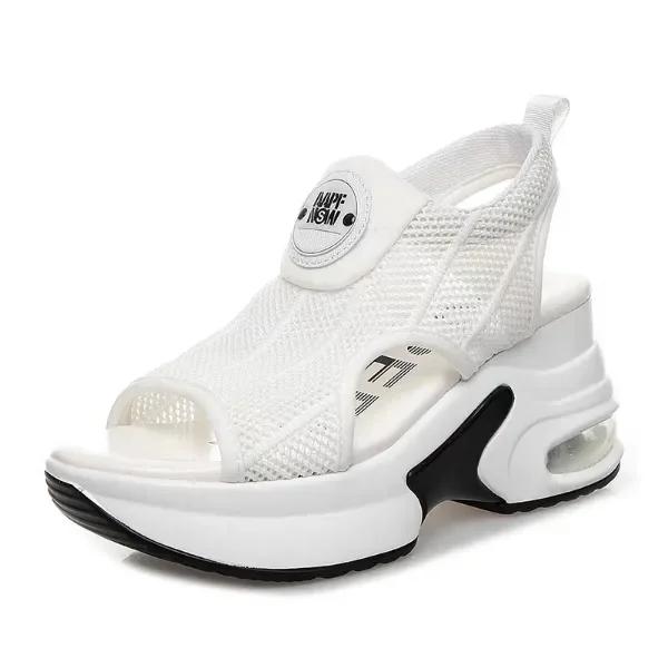 Модные ретро черные сетчатые босоножки на платформе корейские туфли с открытым носком и полой танкеткой, увеличивающие рост, 8 см, летние новые нескользящие теннисные туфли с воздушной подушкой