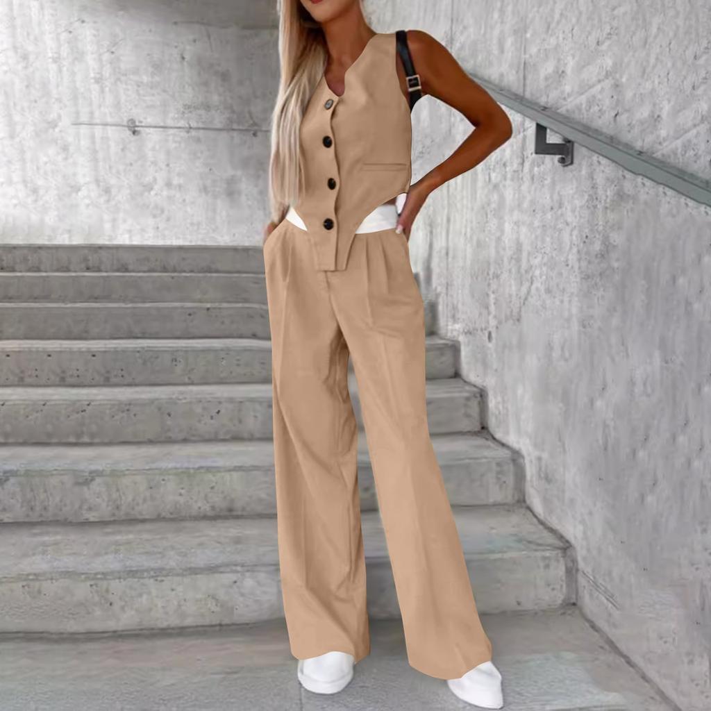 Женская летняя мода, повседневный жилет на пуговицах, комплект брюк, женская одежда