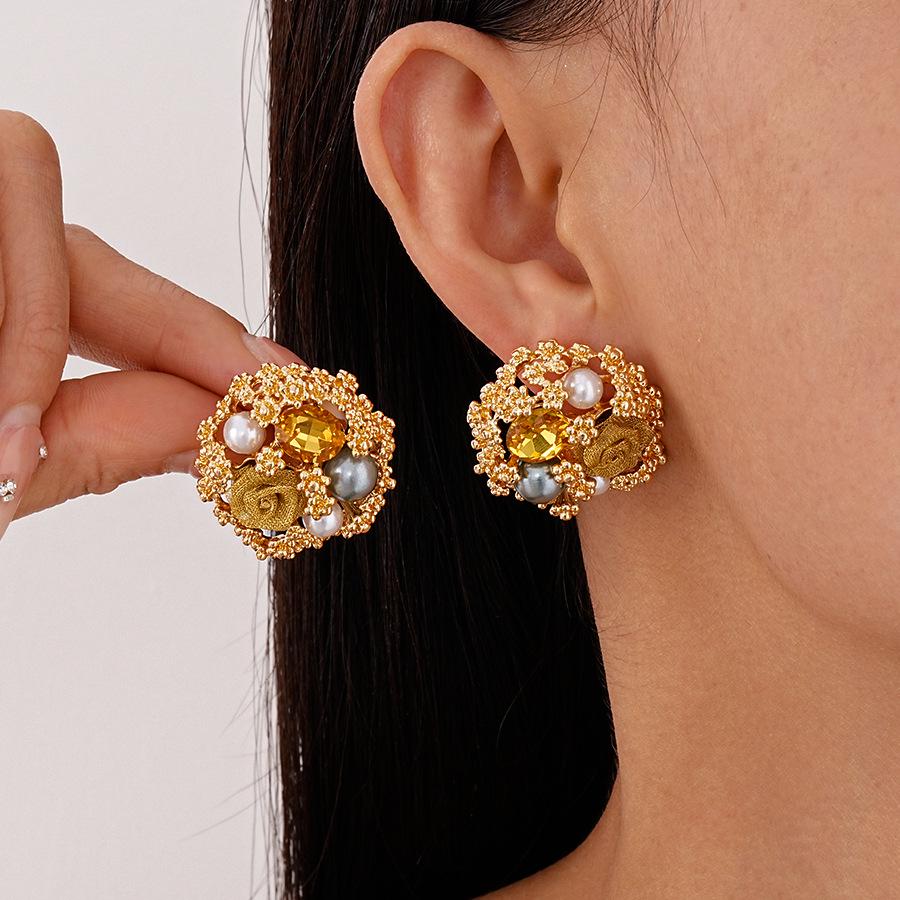 Винтажные металлические серьги-пусеты из стерлингового серебра с цветком из страз и искусственного жемчуга - стиль французского двора для женщин