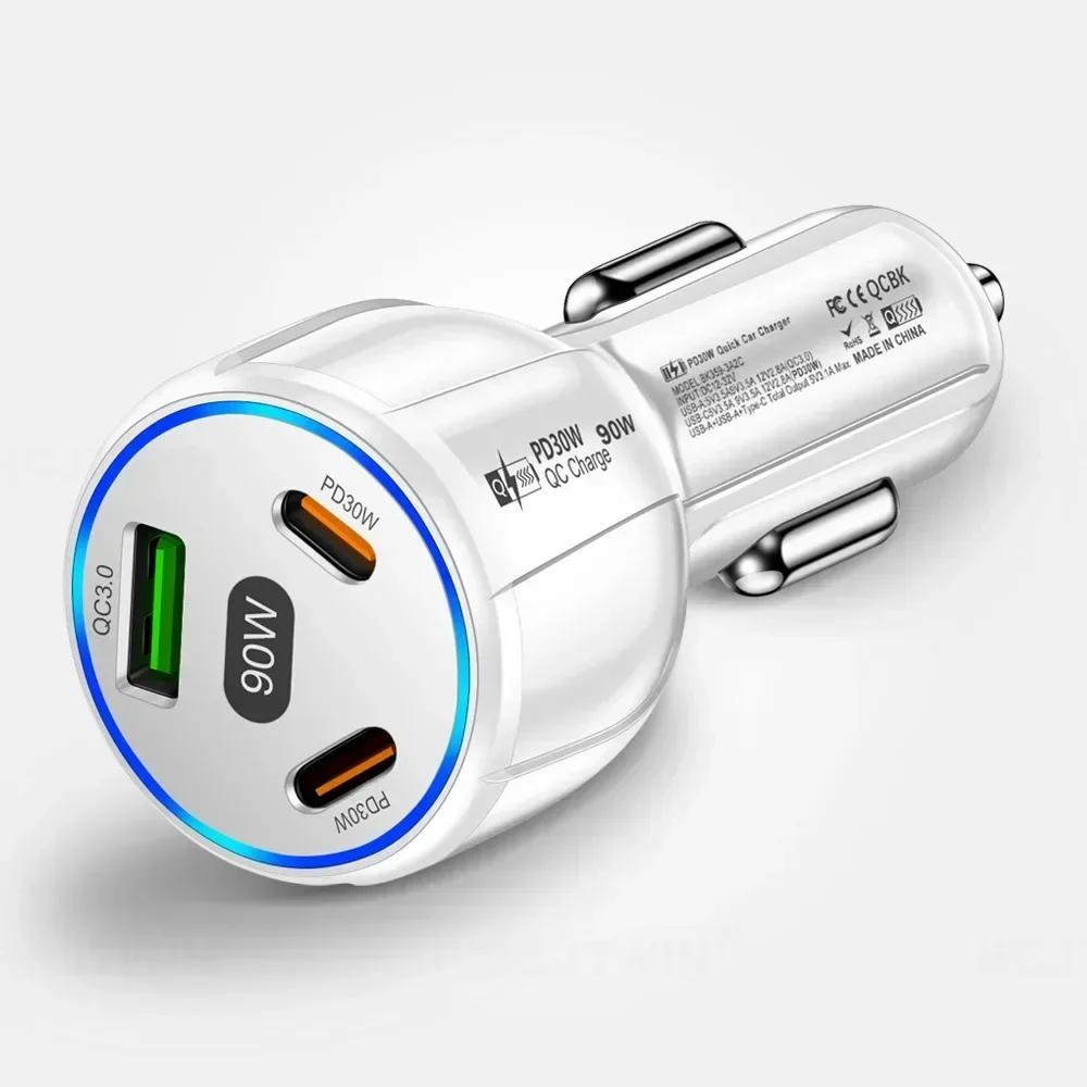 Автомобильное зарядное устройство 3 в 1 мощностью 90 Вт QC3.0 PD Type C USB для быстрой зарядки мобильных телефонов iPhone Xiaomi Samsung Автомобильное зарядное устройство Адаптер Инструменты