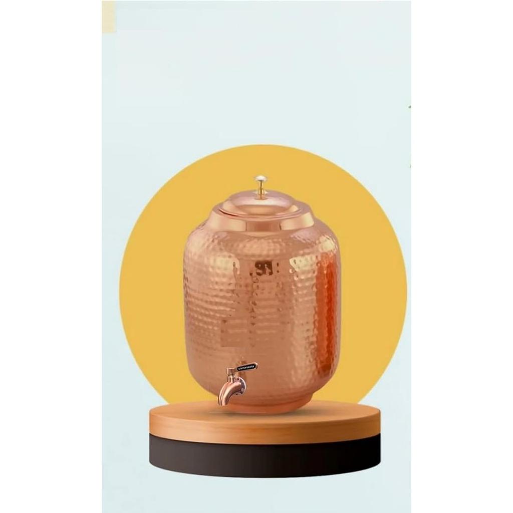 11 Litre Hammered Copper Water Dispenser (Matka) Container Pot with 2 Pure Copper Glasses and Ayurvedic Health Benefits (11000 Ml + 600 Ml)