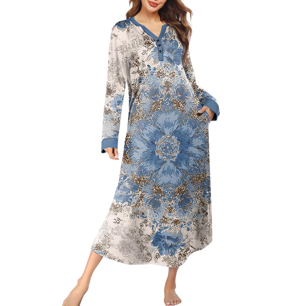 Женская ночная сорочка длинная домашняя одежда с V-образным вырезом и карманами