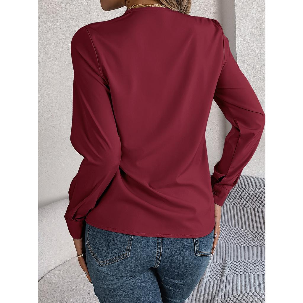 GMXIA Elegant Solid-color Layered V-neck Long-sleeved Women's Shirt for Autumn and Winter