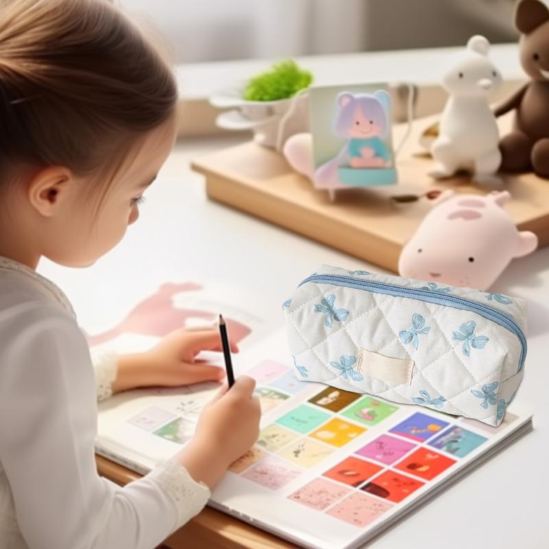 1pcs Cute Pencil Case Aesthetic Bow Ribbon Decoration Fabric Pencil Pouch School Stationery Organizer Kawaii Pencil Bags