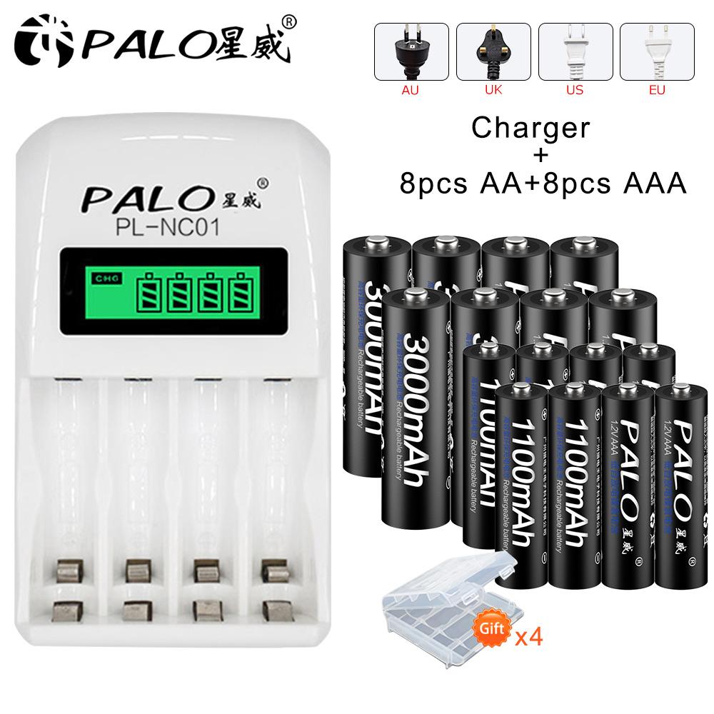 Аккумуляторные батареи AA 1,2 В + аккумуляторная батарея AAA 3A с чехлом для батареи + интеллектуальное зарядное устройство с ЖК-дисплеем
