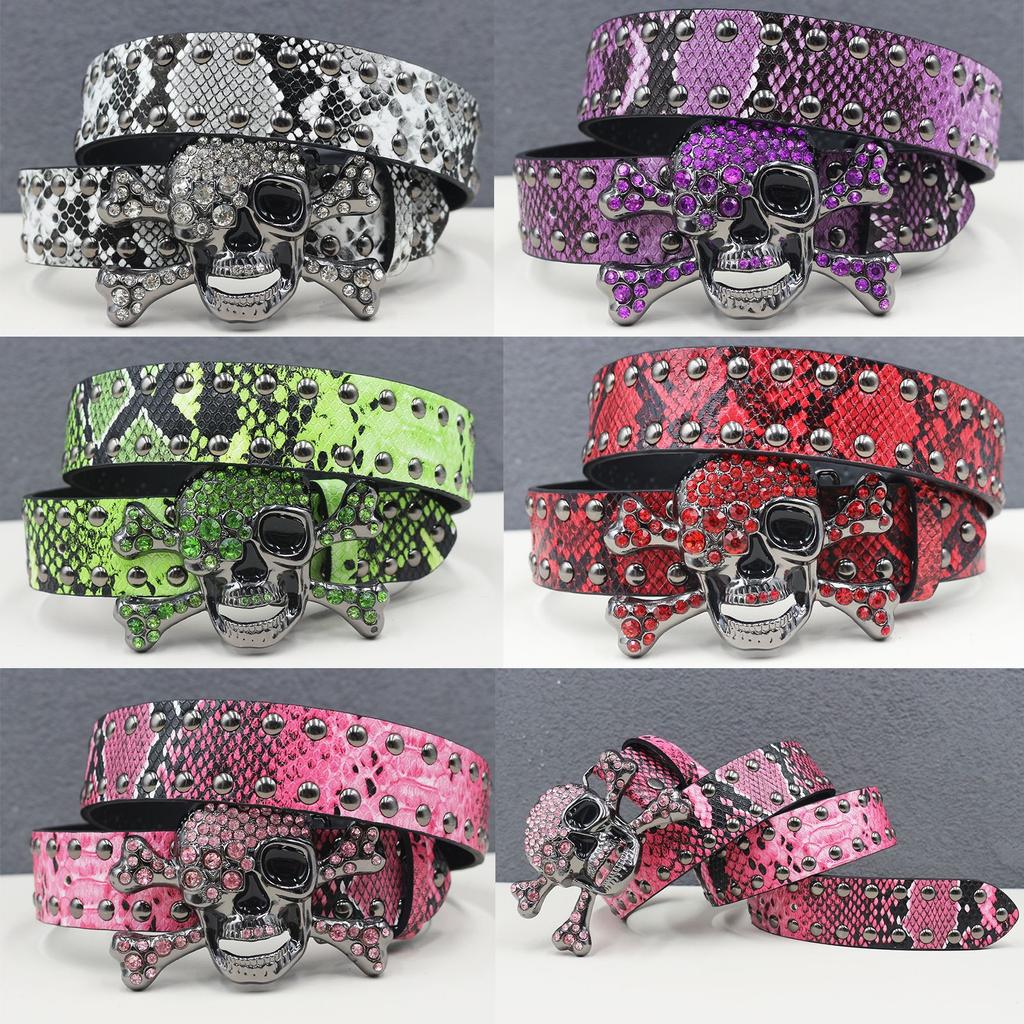 American Rhinestone Large Skull Belt Rivet Punk Decoration Men and Women Belt Abi Decorative Snake Belt