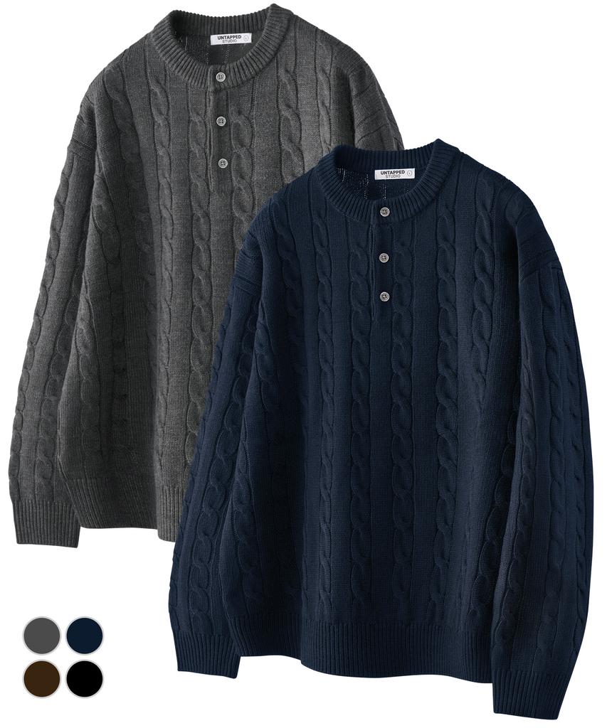 UNTAPPED STUDIO Oversized Cable Henley Neck Round Knit 4 Colors