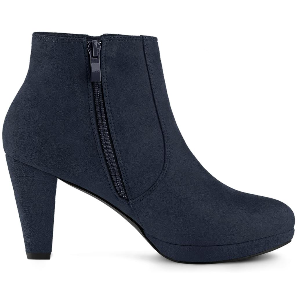 Allegra K Women's Navy Blue Ankle Boots with Side Zipper, Low Platform, and Chunky Heel, Size 23.0 cm
