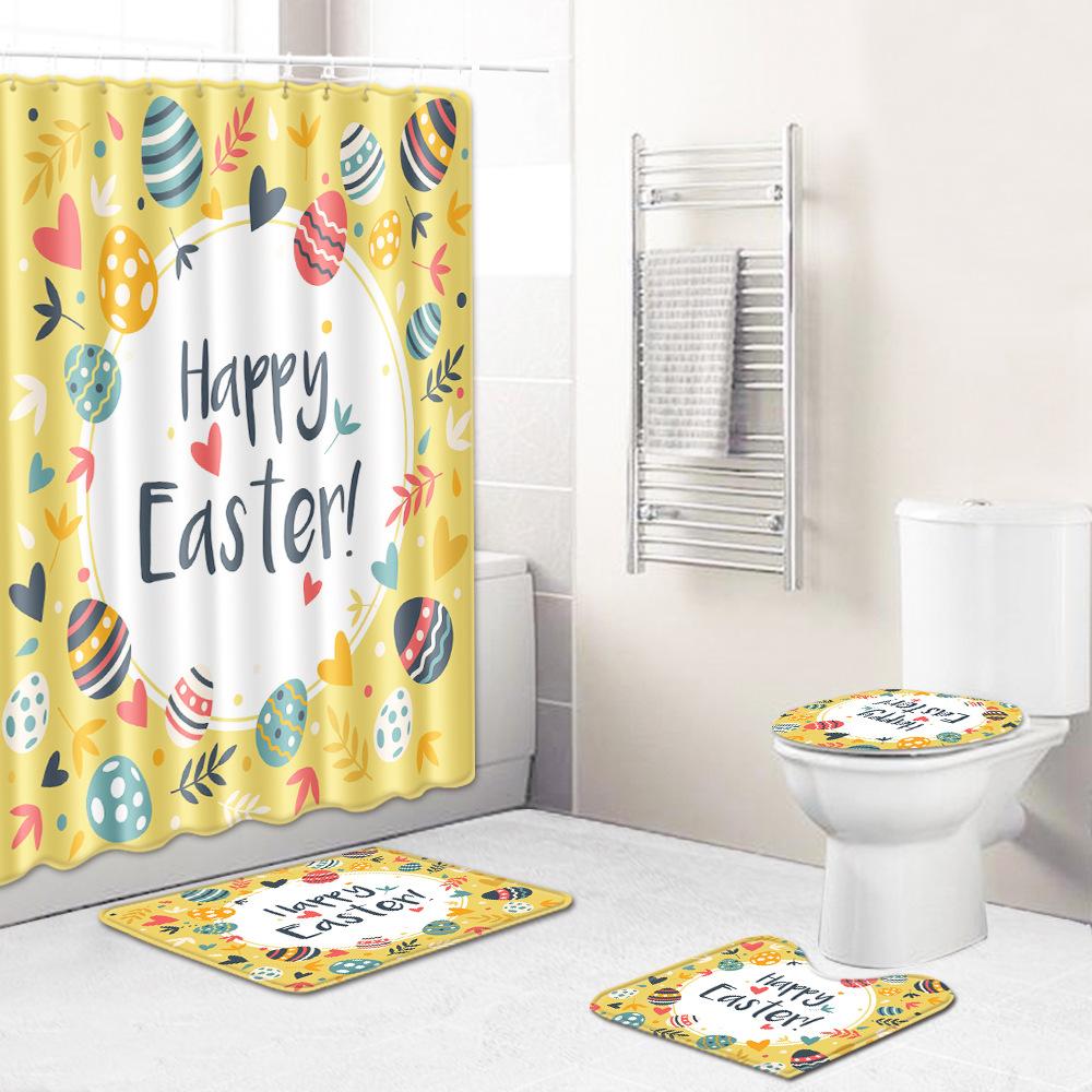 Easter Bunny Shower Curtain Floor Mat Four-Piece Set Bathroom Toilet Carpet Shower Room Mat Foot Mat