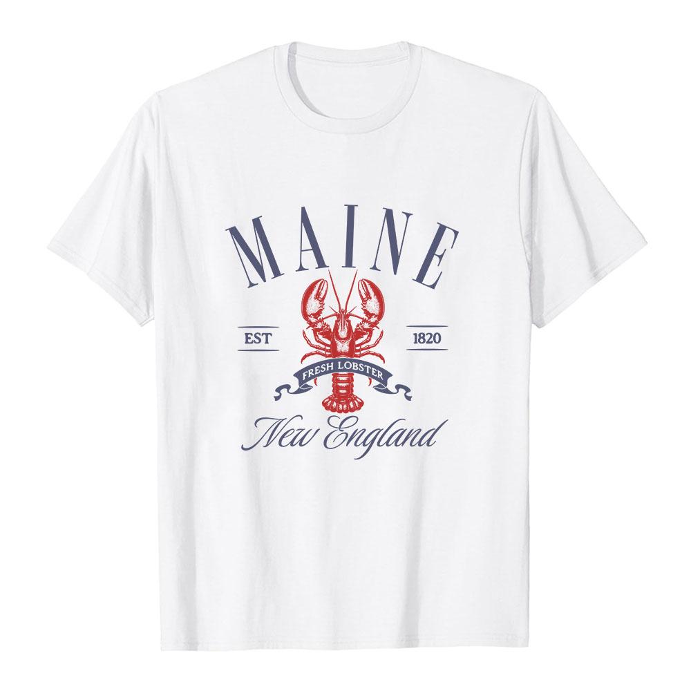 Unisex Streetwear Maine Lobster Print T-shirt New England Vintage EST 1820 Tshirt O‑Neck Casual Loose Tops Couple Casual Tees